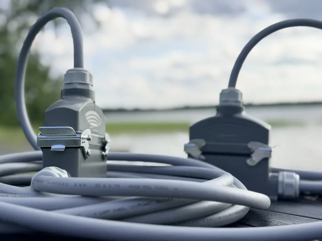 Two heavy-duty rectangular connectors on the build's grey cables