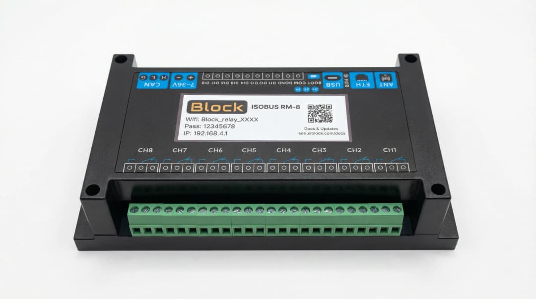 ISOBUS Block RM-8 relay side - 8 channel terminals (NO, COM, NC)