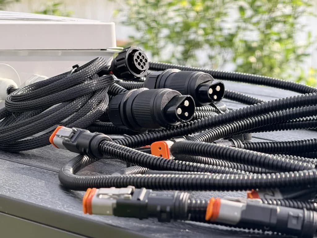 The build's leads ending in Deutsch connectors and 3-pin sockets, next to the round in-cab ISOBUS plug