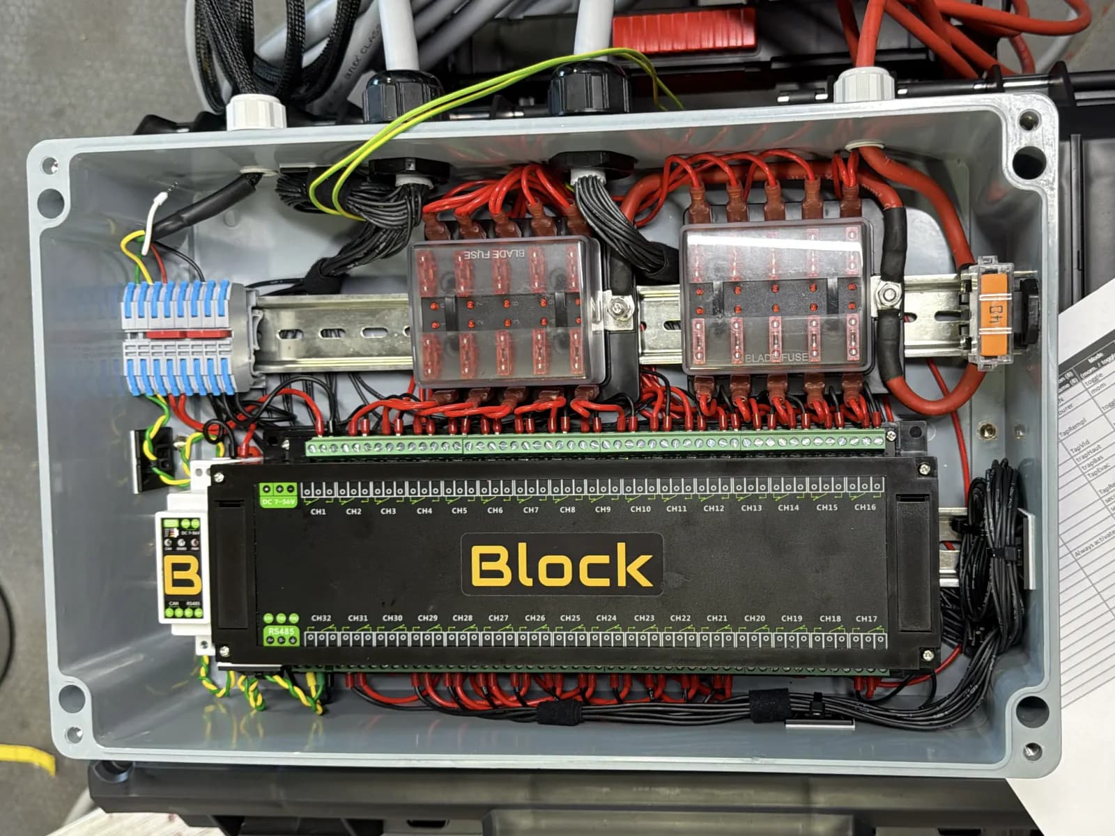 A 32-channel ISOBUS Block module on DIN rail inside a sealed enclosure, wired to two blade fuse boxes and a row of push-in terminal blocks