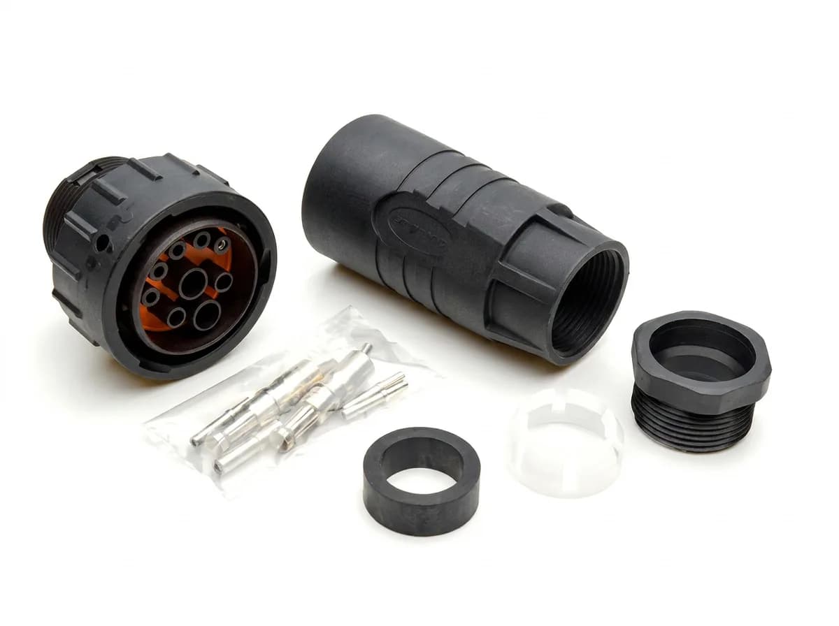 External Connector Kit laid out unassembled: the ISO 11783-2 connector insert, backshell, cable gland nut, two seals and a bag of crimp contacts