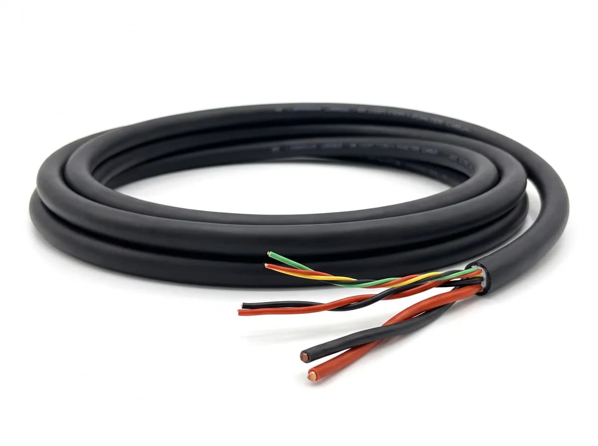 Coil of black HELUKABEL ISOBUS PUR cable with one end stripped: four thin red, yellow, black and green CAN cores, a red and black 2.5 mm² pair and a thick red and black 6 mm² pair