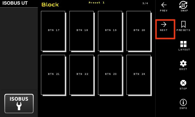 The ISOBUS Block dashboard in the 4x2 layout showing page 3 of 4, buttons 17 to 24