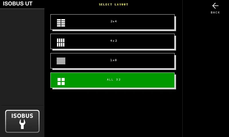 The layout menu on the tractor screen listing 2x4, 4x2, 1x8 and ALL 32, with ALL 32 selected