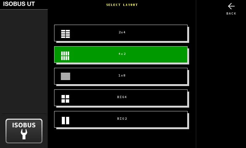 ISOBUS Block layout selector — 2x4, 4x2, 1x8, BIG4, BIG2