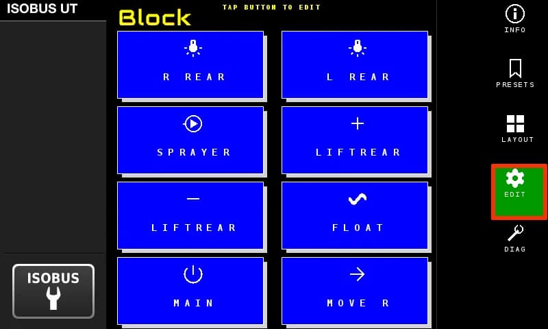 ISOBUS Block edit mode — all buttons highlighted blue, tap to edit