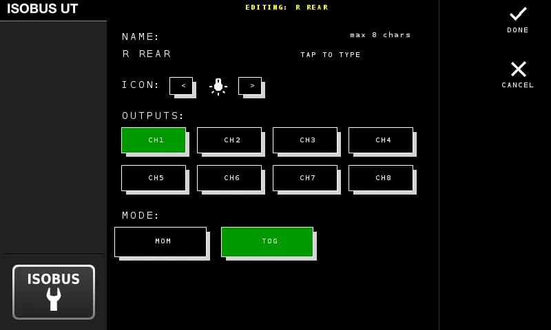 ISOBUS Block button editor — set name, icon, outputs, and mode