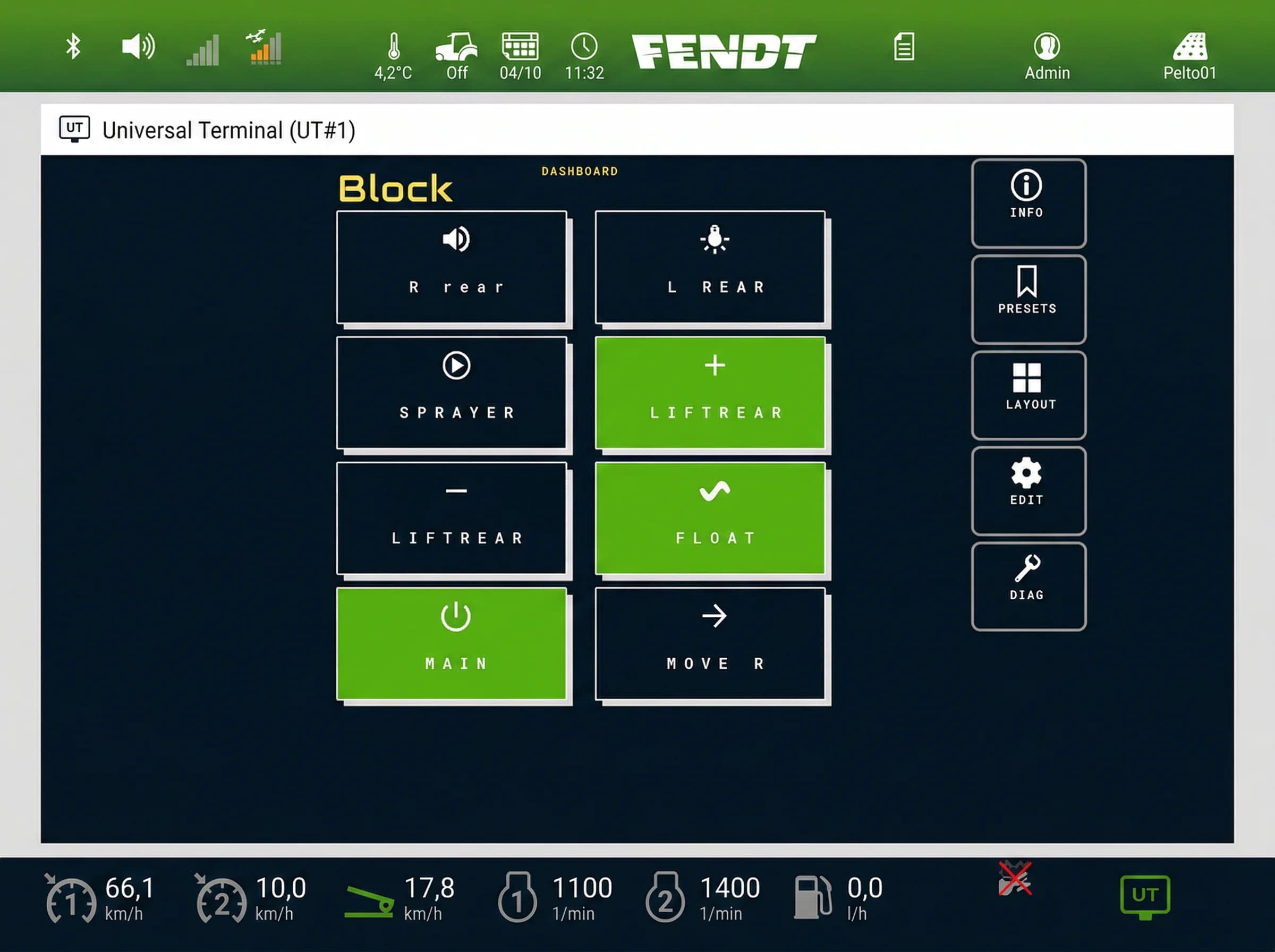 Terminal Universel Fendt affichant les canaux ISOBUS Block avec leurs noms et icônes personnalisés