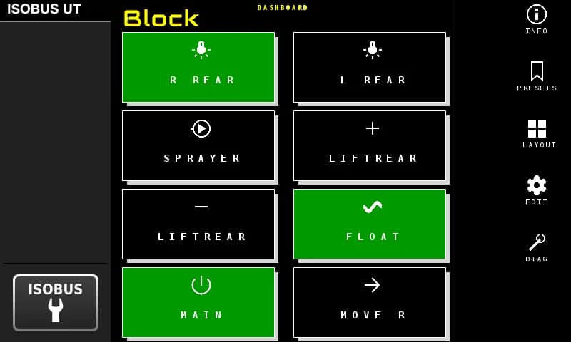 ISOBUS Block dashboard with active relay outputs highlighted green