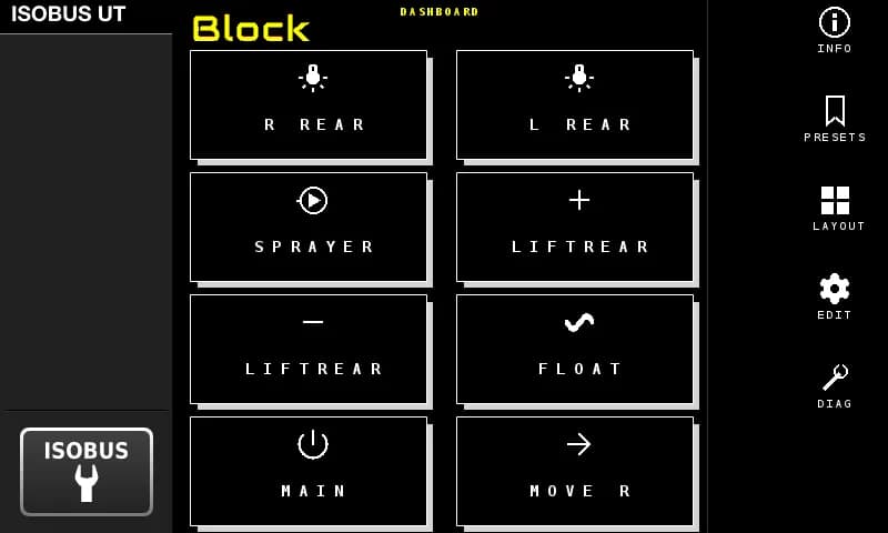 ISOBUS Block dashboard with custom-named buttons and icons
