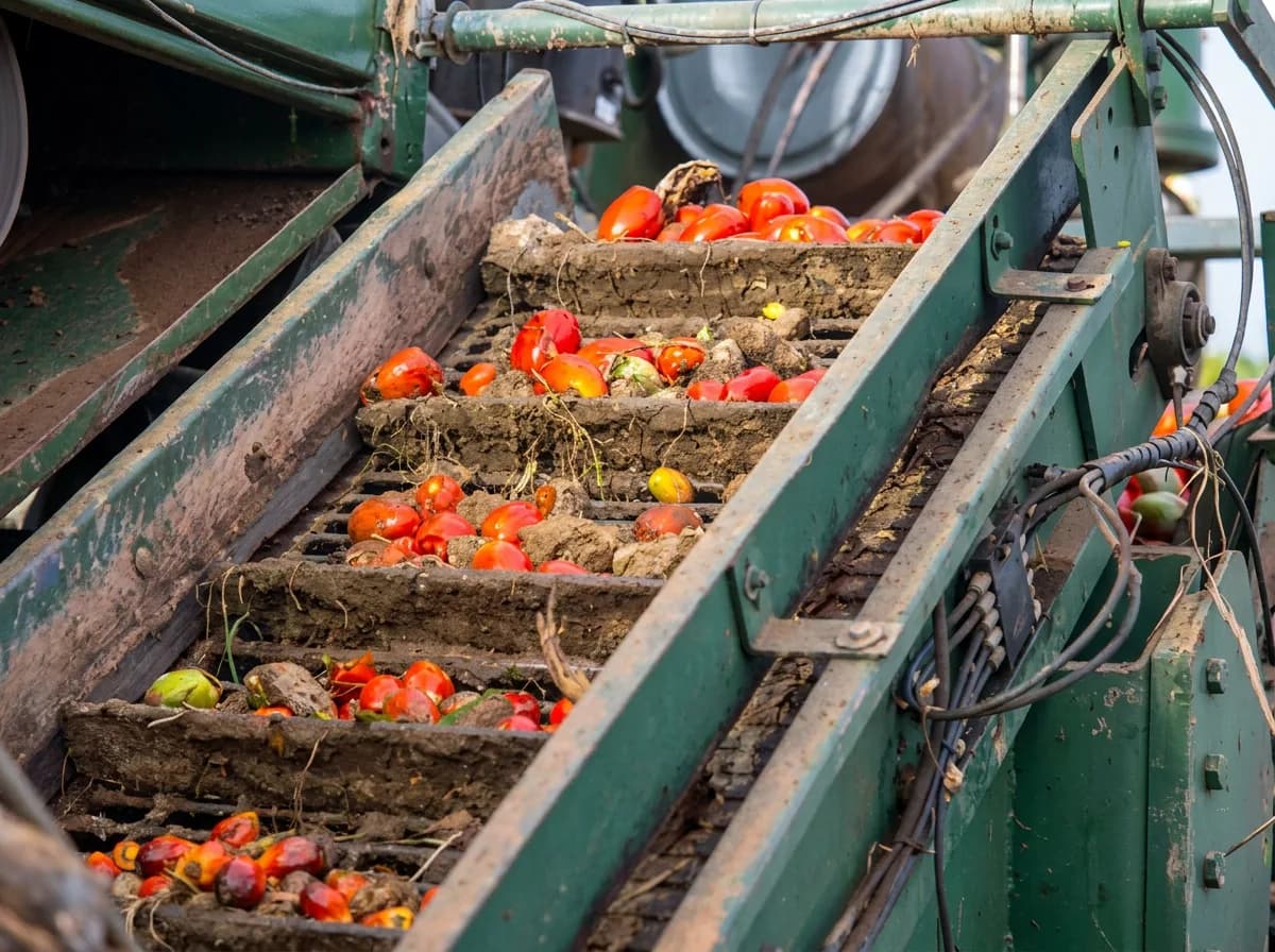 Cleated conveyor belt on a vegetable harvester, carrying tomatoes and clods of soil up towards the discharge