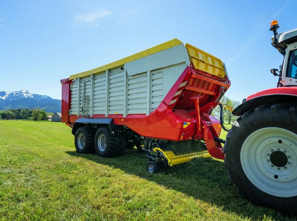 Pöttinger forage wagon hitched behind a tractor in a mown grass field, pickup down and the loading chamber open