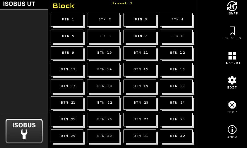 ISOBUS Block 32-channel dashboard in the ALL 32 layout, every one of the 32 buttons on a single page