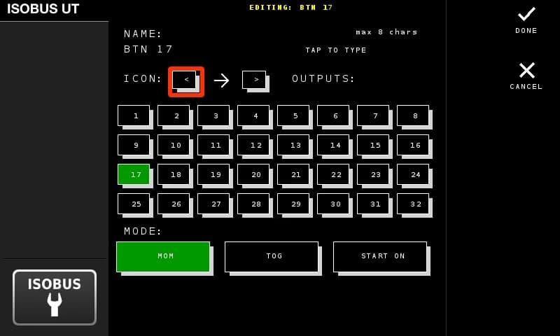 ISOBUS Block 32-channel button editor: name, icon, a picker covering all 32 outputs, and momentary, toggle or start-on mode